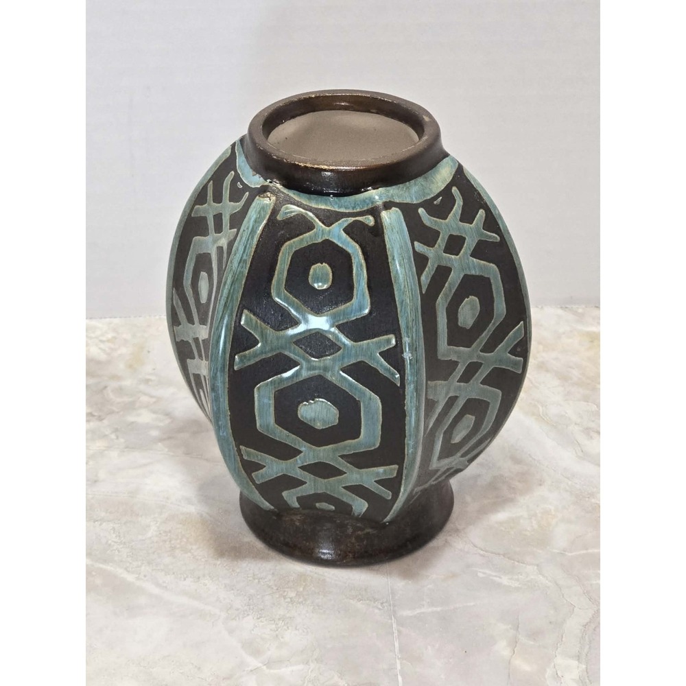 Hobby Lobby Geometric Vase EUC Boho Tribal Teal Brown Home Decor 🏺